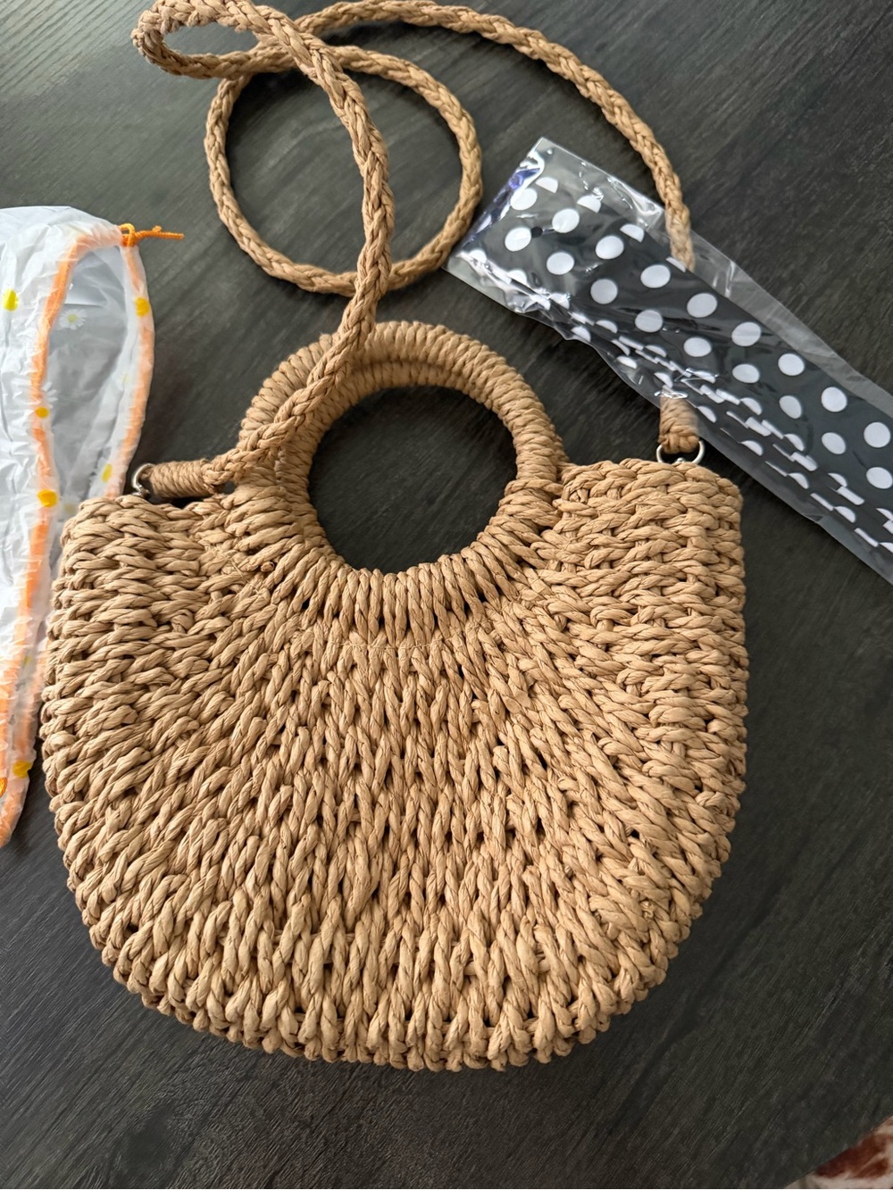 Woven Straw Circle Handle Crossbody Bag - Natural